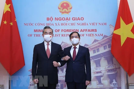 Bộ trưởng Ngoại giao Bùi Thanh Sơn và Bộ trưởng Ngoại giao Trung Quốc Vương Nghị tại lễ đón. (Ảnh: Lâm Khánh/TTXVN)