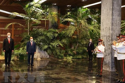 Chủ tịch nước Nguyễn Xuân Phúc và Bí thư thứ nhất Ban Chấp hành Trung ương Đảng Cộng sản Cuba, Chủ tịch nước Cộng hòa Cuba Miguel Díaz-Canel tại Lễ đón. (Ảnh: Thống Nhất/TTXVN)