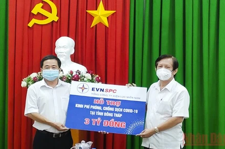 Ông Đào Hữu Điền (bên trái) trao bảng tượng trưng 3 tỷ đồng cho Giám đốc Sở Tài Chính Đồng Tháp, Ngô Hồng Chiều. (Ảnh: HỮU NGHĨA).