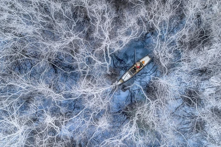  “Đánh cá ở rừng ngập mặn” (Phạm Huy Trung), tác phẩm đứng nhất hạng mục Con người của cuộc thi Drone Photo Awards 2021. (Ảnh: Drone Awards 2021) 