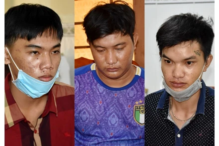 Các đối tượng Học, Thạnh, Cảnh (từ trái qua) tại cơ quan Công an. (Ảnh: Trọng Nguyễn)