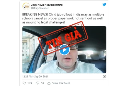 Đoạn video đăng tải thông tin sai sự thật về chiến dịch tiêm vaccine Covid-19 cho trẻ em 12-15 tuổi ở xứ Anh. (Ảnh chụp màn hình)