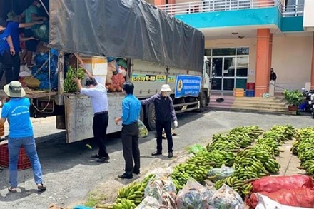 Công đoàn các Khu chế xuất, Khu công nghiệp thành phố tiếp nhận quà tặng của Liên đoàn Lao động tỉnh Gia Lai tặng công nhân lao động thành phố. (Ảnh: Thanh Vũ/TTXVN)