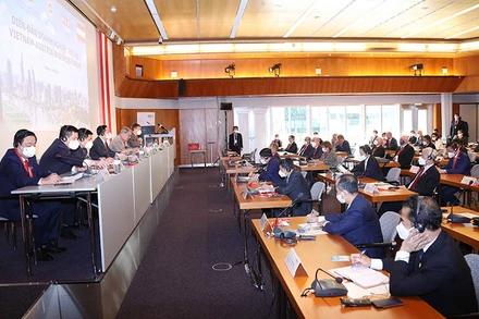 Bộ trưởng Lê Minh Hoan (ngoài cùng bên trái) cùng các thành viên Đoàn đại biểu cấp cao Quốc hội dự Diễn đàn doanh nghiệp Việt-Áo. (Ảnh: TTXVN)