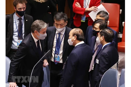 Chủ tịch nước Nguyễn Xuân Phúc và Ngoại trưởng Mỹ Antony Blinken tại phiên họp. (Ảnh: Thống Nhất/TTXVN)