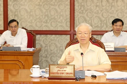 Tổng Bí thư Nguyễn Phú Trọng chủ trì họp Bộ Chính trị. (Ảnh: Trí Dũng/TTXVN)