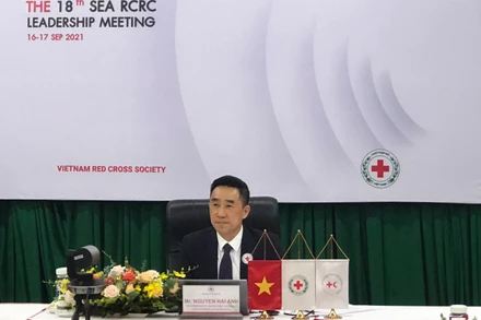 Phó Chủ tịch, Tổng thư ký Hội Chữ thập đỏ Việt Nam Nguyễn Hải Anh dự hội nghị. (Ảnh: Trung ương Hội Chữ thập đỏ Việt Nam cung cấp)