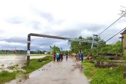 Cột điện gãy đổ giữa đường.