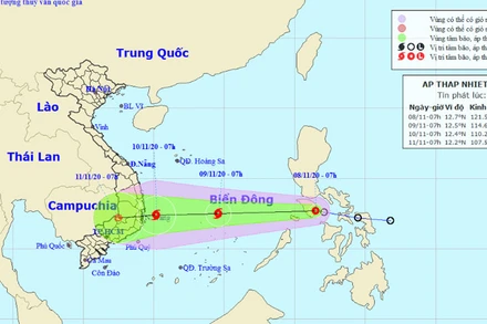 Vị trí và hướng di chuyển của áp thấp nhiệt đới. (Nguồn: nchmf.gov.vn)
