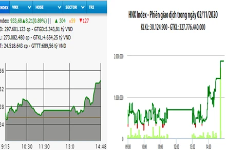 Diễn biến VN-Index và HNX-Index, phiên giao dịch ngày 2-11. 