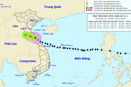 Vị trí và hướng di chuyển của bão số 13. (Nguồn: nchmf.gov.vn)