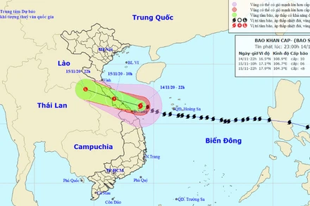 Vị trí và hướng di chuyển của bão số 13. (Nguồn: nchmf.gov.vn)