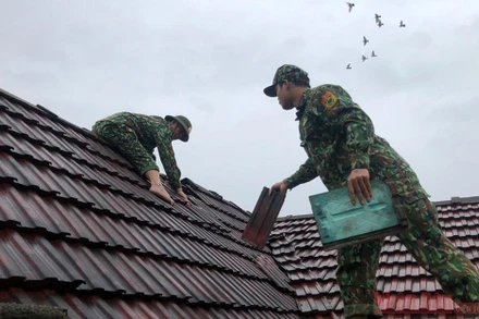 Bộ đội biên phòng Quảng Bình giúp người dân huyện Bố Trạch lợp lại nhà.