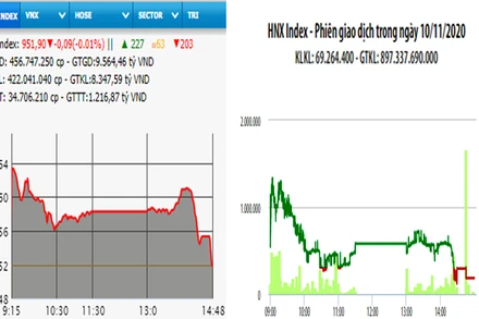 Diễn biến VN-Index và HNX-Index, phiên giao dịch ngày 10-11. 
