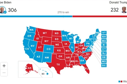 Đảng Dân chủ chiến thắng tại các bang màu xanh, đảng Cộng hòa giành chiến thắng tại các bang màu đỏ. (Nguồn: AP)