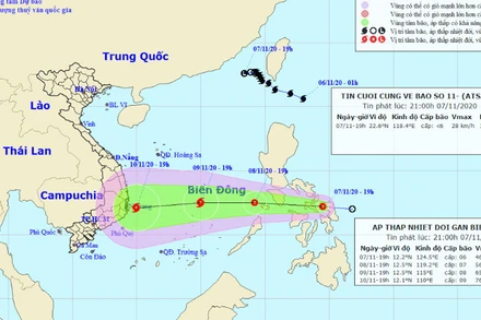 Vị trí và hướng di chuyển của vùng áp thấp (suy yếu từ bão số 11). (Nguồn: nchmf.gov.vn)