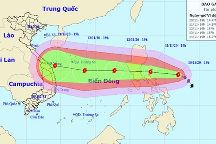 Vị trí và hướng di chuyển của bão Vamco. (Nguồn: nchmf.gov.vn)