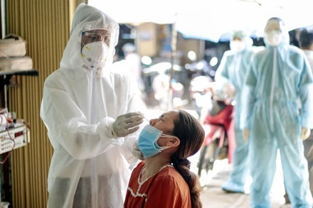 Ngành y tế lấy mẫu xét nghiệm SARS-CoV-2 tại chợ Thạnh Mỹ, huyện Đơn Dương, Lâm Đồng.