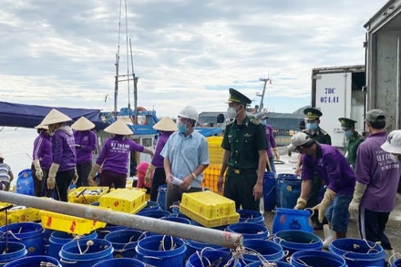 Tổ công tác phòng, chống dịch Covid-19 cảng cá Phú Lạc, thị xã Đông Hòa kiểm tra, hướng dẫn tàu thuyền và ngư dân thực hiện nghiêm các quy định.