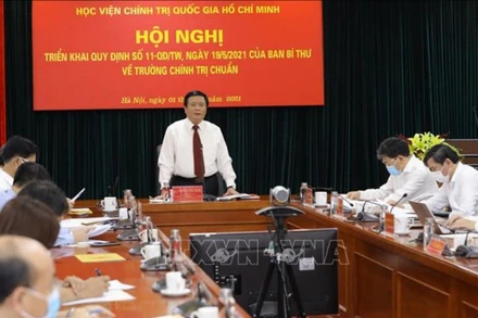 Giáo sư, Tiến sĩ Nguyễn Xuân Thắng, Ủy viên Bộ Chính trị, Giám đốc Học viện Chính trị quốc gia Hồ Chí Minh, Chủ tịch Hội đồng Lý luận Trung ương phát biểu. (Ảnh: Nguyễn Điệp/TTXVN)