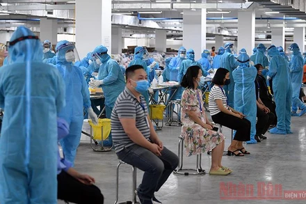 Xét nghiệm Covid-19 cho công nhân. (Ảnh: DUY LINH)