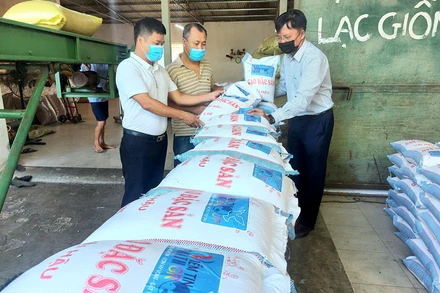 Nhóm Niềm tin hỗ trợ mỗi hộ dân bản Chăm Puông 10 kg gạo, 1 kg lạc nhân và 1 chai nước mắm. 