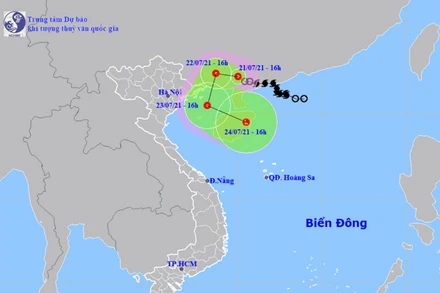 Vị trí và hướng di chuyển của áp thấp nhiệt đới suy yếu từ bão số 3. (Nguồn: nchmf.gov.vn)