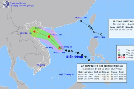 Vị trí và hướng di chuyển của áp thấp nhiệt đới. (Nguồn: nchmf.gov.vn)