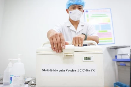 Hộp lạnh sẽ bảo quản vaccine ở nhiệt độ 2-8°C có kèm theo thiết bị theo dõi nhiệt độ. Ảnh: Vietnam+