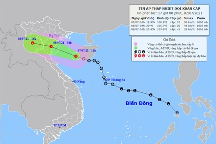 Vị trí và hướng di chuyển của áp thấp nhiệt đới. (Nguồn: nchmf.gov.vn)