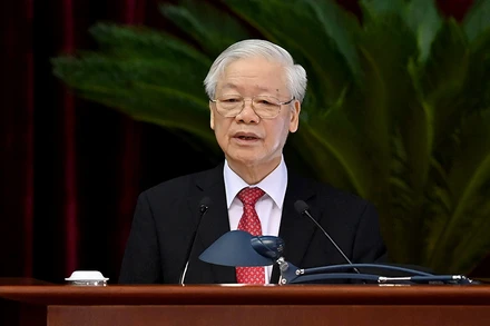 Tổng Bí thư Nguyễn Phú Trọng phát biểu bế mạc hội nghị. (Ảnh: ĐĂNG KHOA)