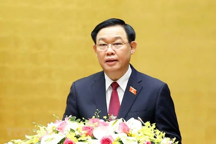 Chủ tịch Quốc hội Vương Đình Huệ, Chủ tịch Hội đồng Bầu cử quốc gia phát biểu ý kiến. (Ảnh: TTXVN)