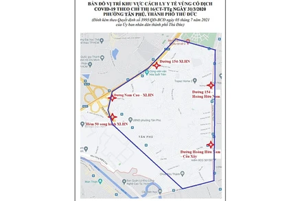 Khu vực cách ly y tế ở phường Tân Phú (phạm vi màu xanh đậm).