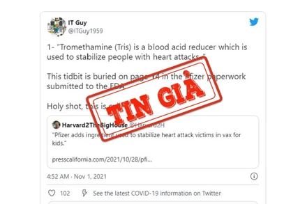 Ảnh chụp màn hình bài đăng trên mạng xã hội Twitter đưa thông tin sai lệch về chất tromethamine trong thành phần vaccine Covid-19 Pfizer. 