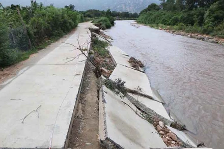 Đường bê-tông tuyến đường từ bờ tràn Cây Sung đi Tà Lót, xã Bắc Sơn, huyện Thuận Bắc (Ninh Thuận) bị nước lũ làm xói lở và hư hỏng nặng hơn 60m.