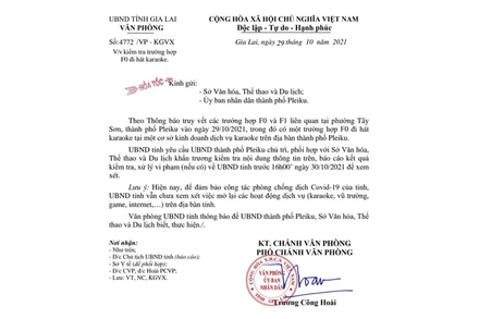 Công văn hỏa tốc của Ủy ban nhân dân tỉnh Gia Lai yêu cầu kiểm tra vụ việc. 