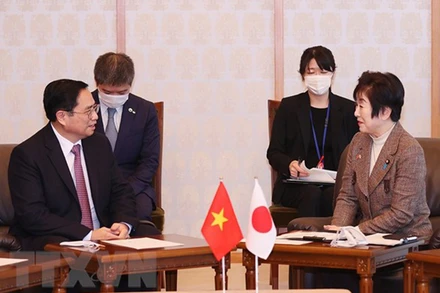 Thủ tướng Phạm Minh Chính hội kiến Chủ tịch Thượng viện Nhật Bản Santo Akiko. (Ảnh: TTXVN)