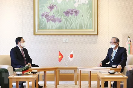 Thủ tướng Phạm Minh Chính hội kiến Chủ tịch Hạ viện Nhật Bản Hosoda Hiroyuki. (Ảnh: TTXVN)