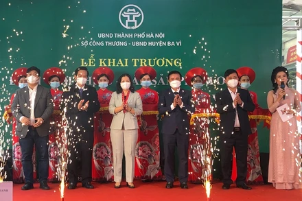 Các đại biểu dự lễ khai trương điểm giới thiệu, bán sản phẩm OCOP trên địa bàn huyện Ba Vì.