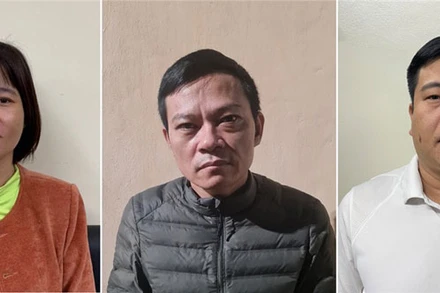 Các bị can: Đàm Hương Huệ (trái), Phạm Văn Thu (giữa) và Phạm Ngọc Thanh (phải).