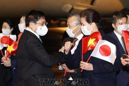 Cán bộ, nhân viên Đại sứ quán Việt Nam tại Nhật Bản đón Thủ tướng Phạm Minh Chính tại Sân bay quốc tế Haneda. (Ảnh: Dương Giang/TTXVN)