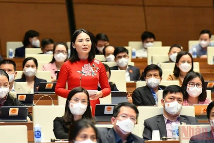 Đại biểu Quốc hội Âu Thị Mai (Tuyên Quang) chất vấn Bộ trưởng Kế hoạch và đầu tư về giải pháp thúc đẩy nhanh tiến độ giải ngân vốn đầu tư công. Ảnh: LINH NGUYÊN