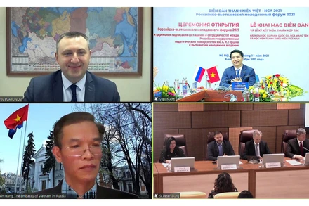Đại diện lãnh đạo các ban, ngành, tổ chức, đoàn thể của Việt Nam và LB Nga dự lễ khai mạc Diễn đàn theo hình thức trực tuyến. 