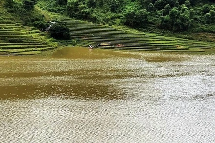Hồ thủy điện Minh Lương Thượng, nơi lực lượng cứu hộ đã tìm thấy nạn nhân bị lũ cuốn mất tích, ở xã Nậm Xé, huyện Văn Bàn (Lào Cai) 