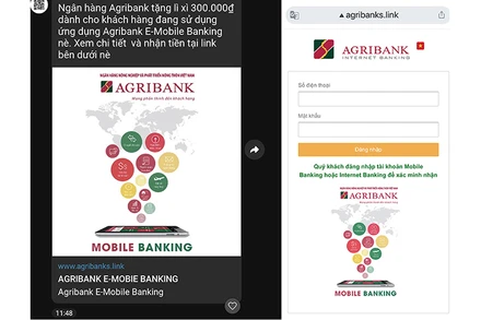 Các trang điện tử giả mạo có nội dung yêu cầu khách hàng đăng nhập các thông tin liên quan để có thể nhận được “tiền lì xì” do Agribank tặng khách hàng.