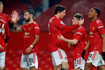 Các cầu thủ Man United mừng trận thắng tưng bừng trên sân nhà.