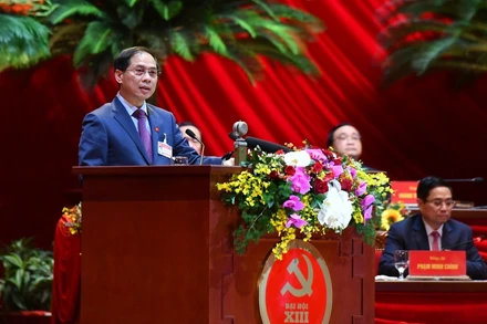 Đồng chí Bùi Thanh Sơn, Ủy viên Trung ương Đảng, Thứ trưởng Thường trực Ngoại giao trình bày tham luận. (ẢNH: ANH TUẤN - DUY LINH)