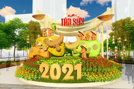 Cổng mở - gia đình trâu làm từ lá sen và có chuyển động cơ học.