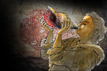 Bức tranh tái tạo cảnh người tiền sử đang chơi nhạc cụ vỏ ốc. Tác giả: Gilles Tosello.