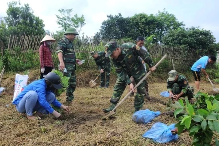 Cán bộ, chiến sĩ Đồn Biên phòng Pò Hèn giúp người dân thôn Lục Chắn xây dựng vườn mẫu.